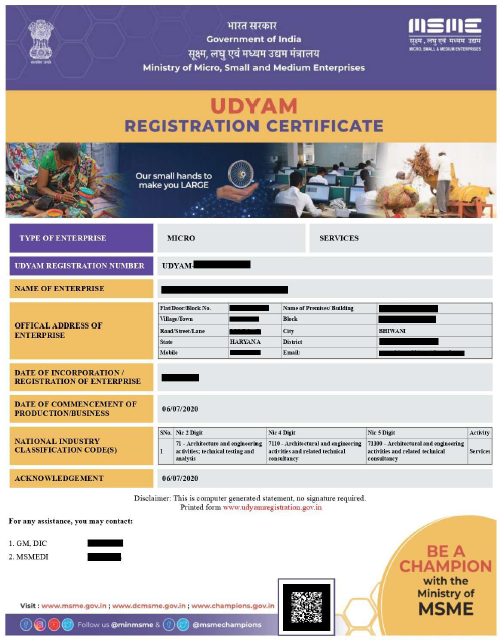 Udyam MSME registration certificate