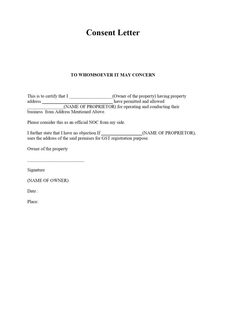 Format of Consent letter for GST registration