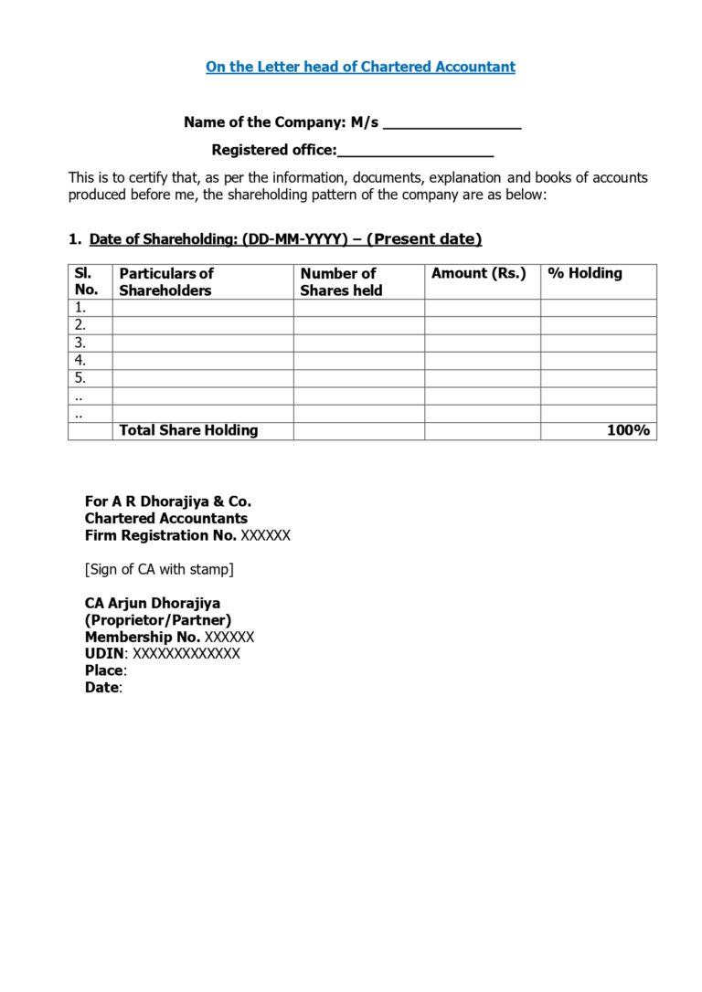 Shareholding pattern Certificate by CA