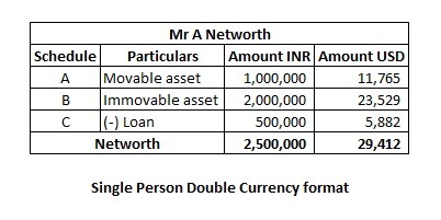 CA Net Worth Certificate Single Person Double Currency format