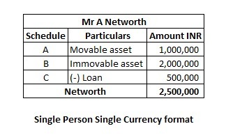 CA Net Worth Certificate Single Person Single Currency format