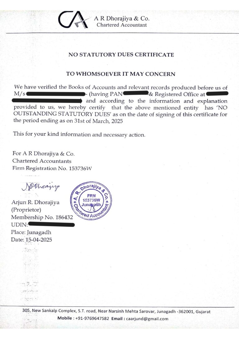 CA CERTIFIED NO STATUTORY DUES CERTIFICATE