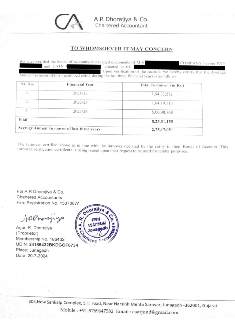 CA turnover certificate issued for Government tender