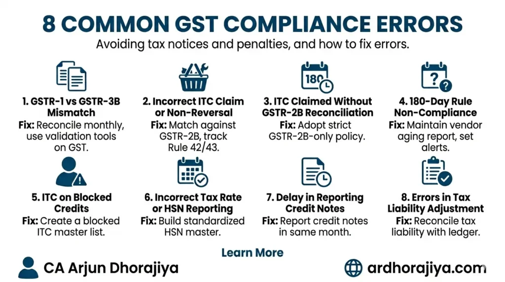 GST compliance errors are one of the biggest reasons businesses receive tax notices, pay unnecessary interest, and face penalties during audits. From GSTR-1 and GSTR-3B mismatches to incorrect Input Tax Credit (ITC) claims, even small reporting mistakes can have serious financial consequences. This article covers the 8 most common GST compliance errors, the legal provisions they trigger, and the practical steps you can take to fix them and prevent them from recurring.
