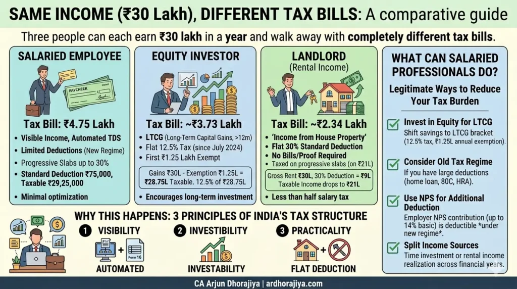 Three people can each earn ₹30 lakh in a year and walk away with completely different tax bills. A salaried employee might pay ₹4.75 lakh in tax, an equity investor pays around ₹3.73 lakh, and a landlord pays just ₹2.34 lakh - on the exact same income. This article breaks down why this happens, explains the tax rules behind each income type, and shows what salaried professionals can do to reduce their tax burden legally.