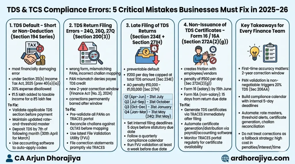 If your business deducts or collects tax at source, even a single compliance slip can trigger penalties, interest, and costly expense disallowances. India's TDS and TCS framework has become significantly stricter in 2025-26 - with the Income Tax Act, 2025 introducing tighter timelines, new section numbers, and harsher penalties for defaults. This article covers the five most common TDS/TCS compliance errors, the exact provisions that apply, and practical fixes to protect your business from avoidable liability.